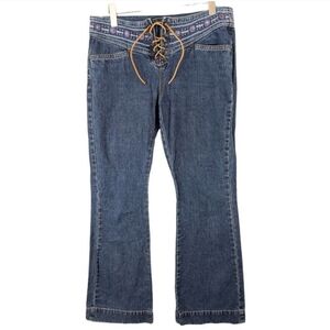 Vintage Calvin Klein Jeans Dark Blue Flare with Tan Lace-Up & Embroidery. Sz. 10